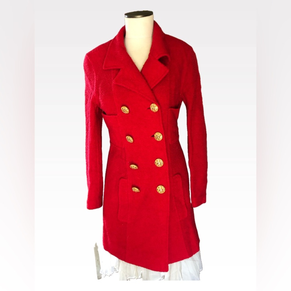 Chanel Vintage Tweed Wool Red Double-Breasted Women's Coat 36